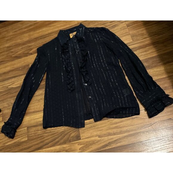 Tory Burch Women’s Size 0 Silk Metallic Ruffle Blouse Black Sheer Button Front L - Picture 1 of 14